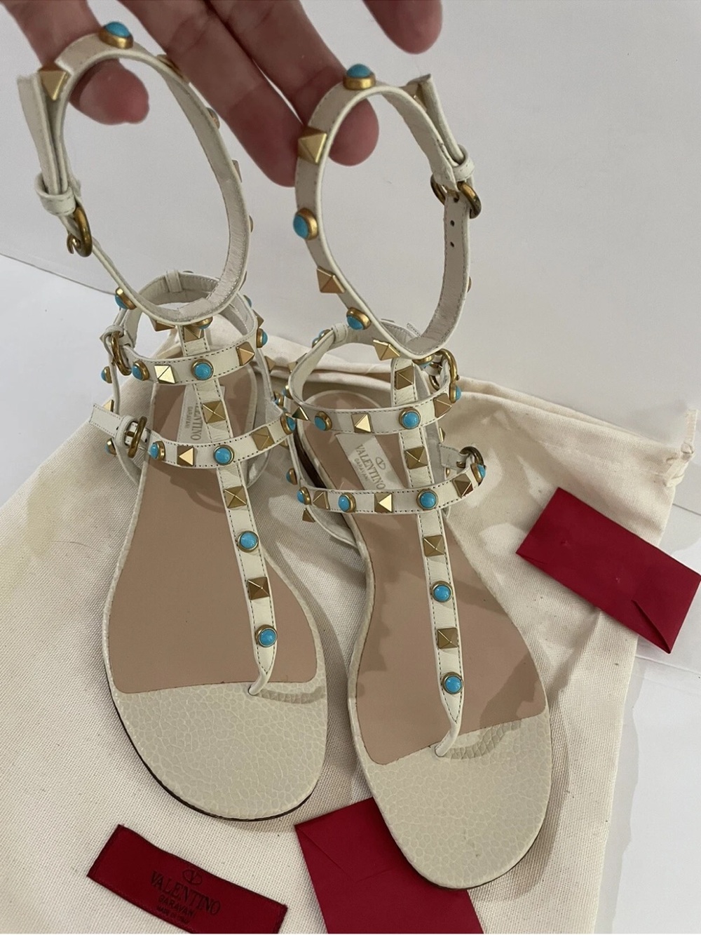 Valentino Garavani White Leather Sandals with Turquoise and Gold Studs